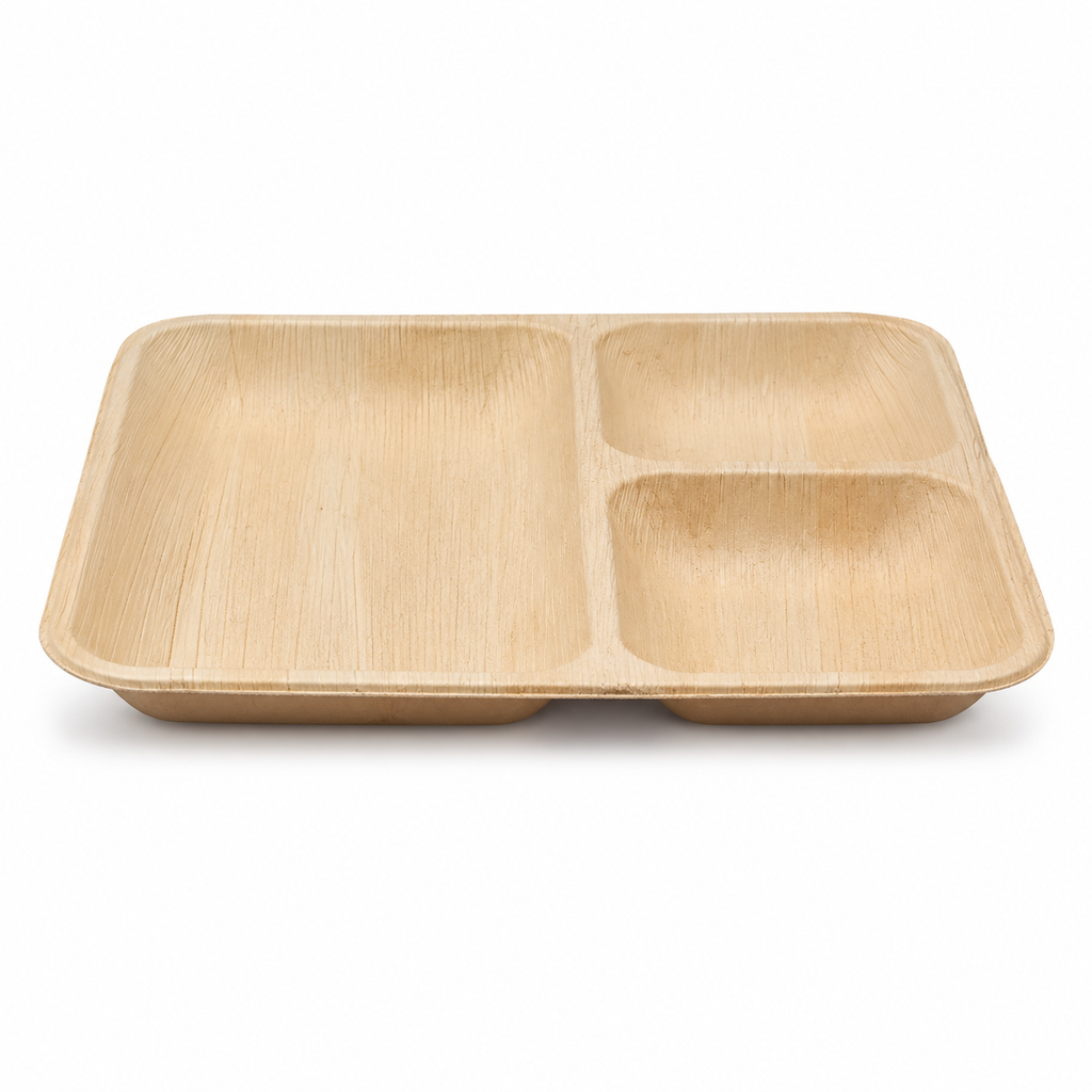 Square Areca Leaf Partition Plate - 10 Inches, 3 Compartments | Orika Naturals