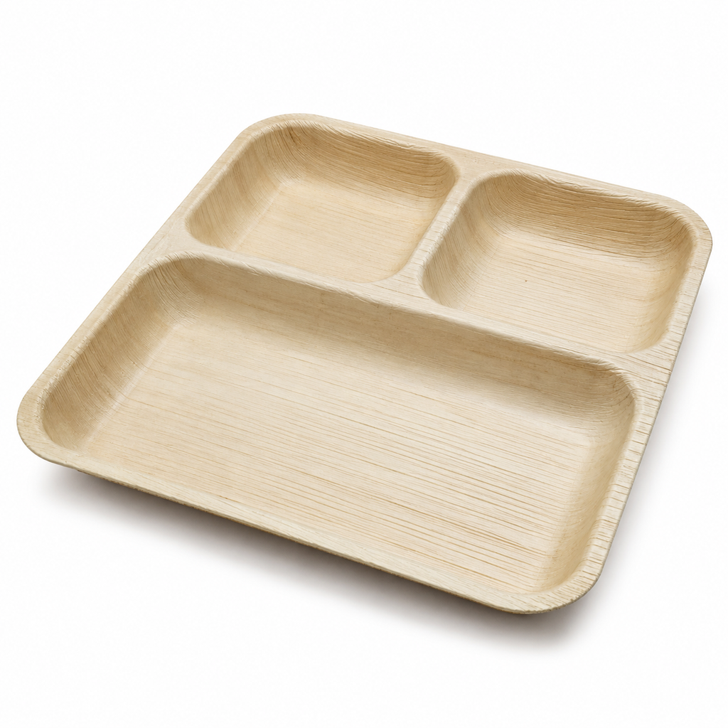 Square Areca Leaf Partition Plate - 10 Inches, 3 Compartments | Orika Naturals