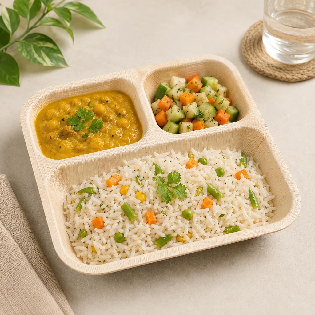 Square Areca Leaf Partition Plate - 10 Inches, 3 Compartments | Orika Naturals