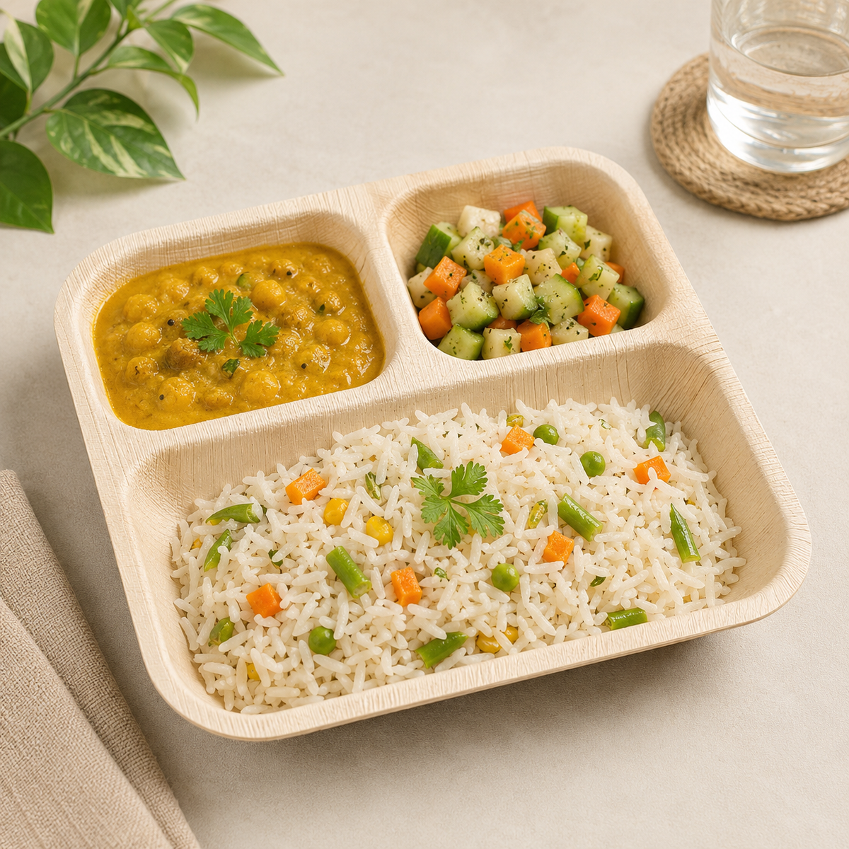 Square Areca Leaf Partition Plate - 10 Inches, 3 Compartments | Orika Naturals