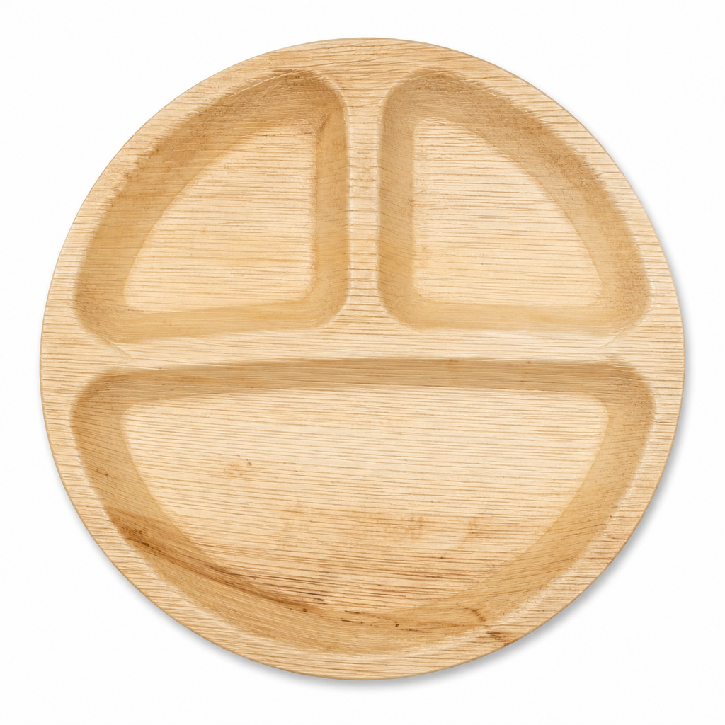 Round Areca Leaf Partition Plate - 10 Inches, 3 Compartments | Orika Naturals
