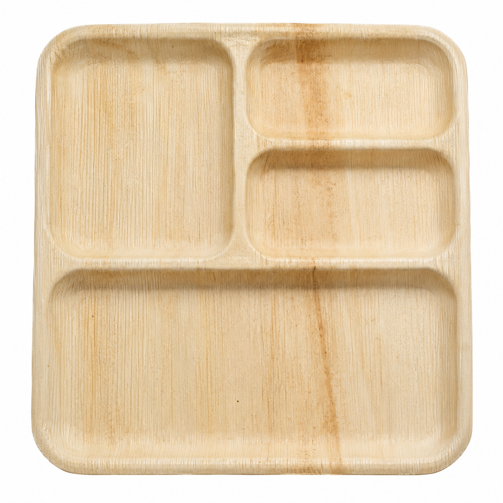 Square Areca Leaf Partition Plate - 10 Inches, 4 Compartments | Orika Naturals