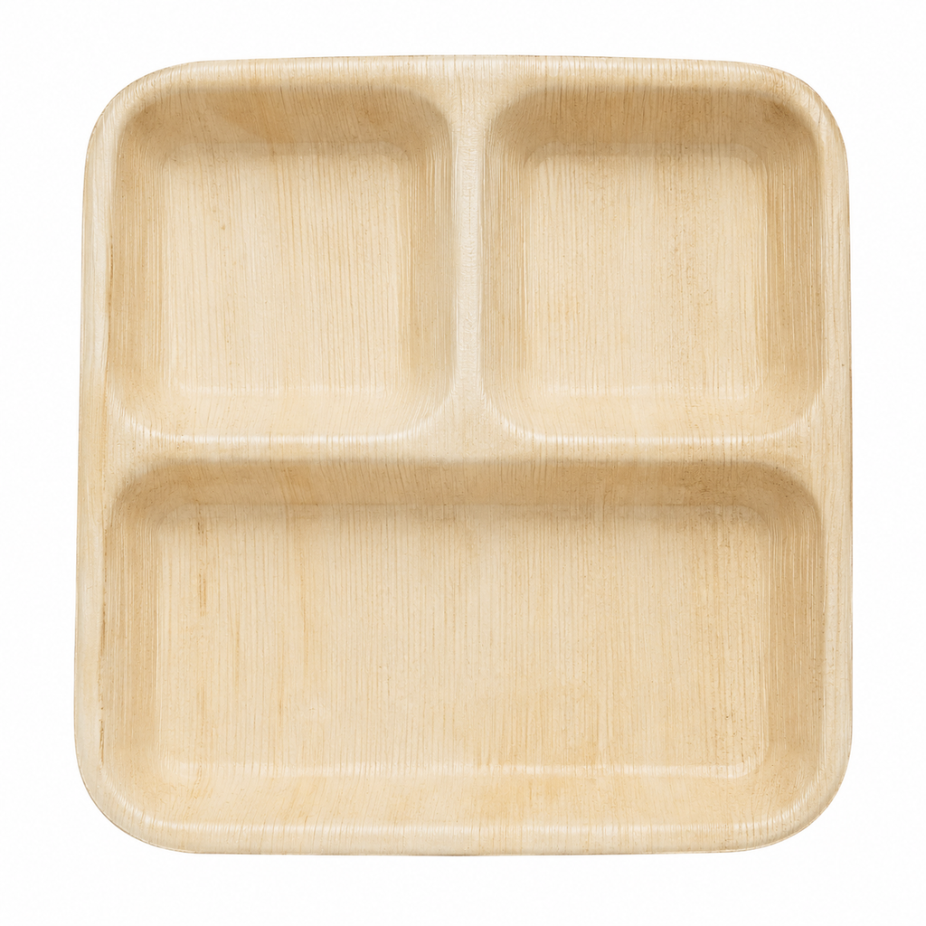 Square Areca Leaf Partition Plate - 09 Inches, 3 Compartments | Orika Naturals