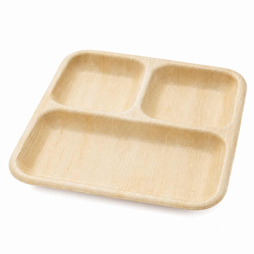Square Areca Leaf Partition Plate - 09 Inches, 3 Compartments | Orika Naturals