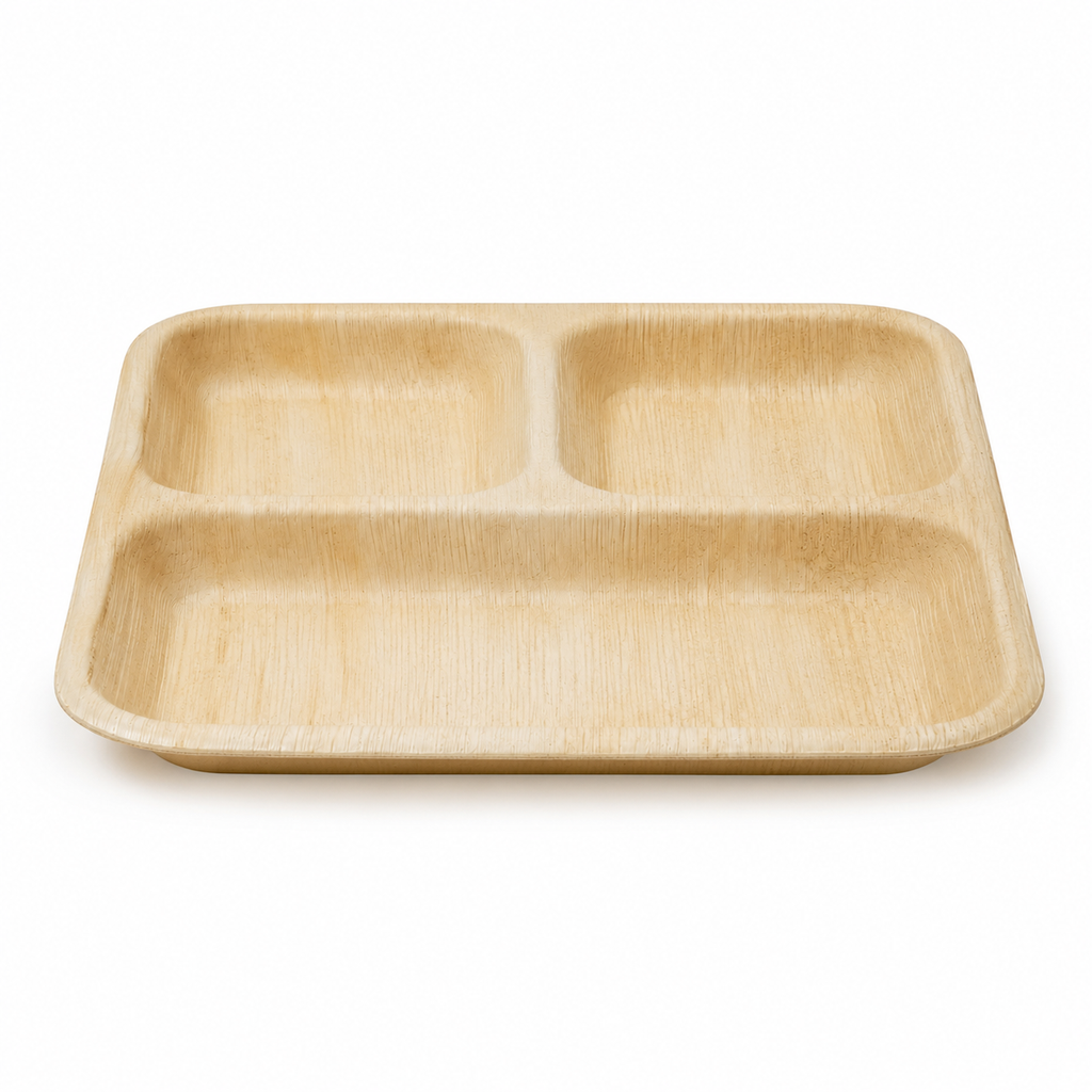 Square Areca Leaf Partition Plate - 09 Inches, 3 Compartments | Orika Naturals