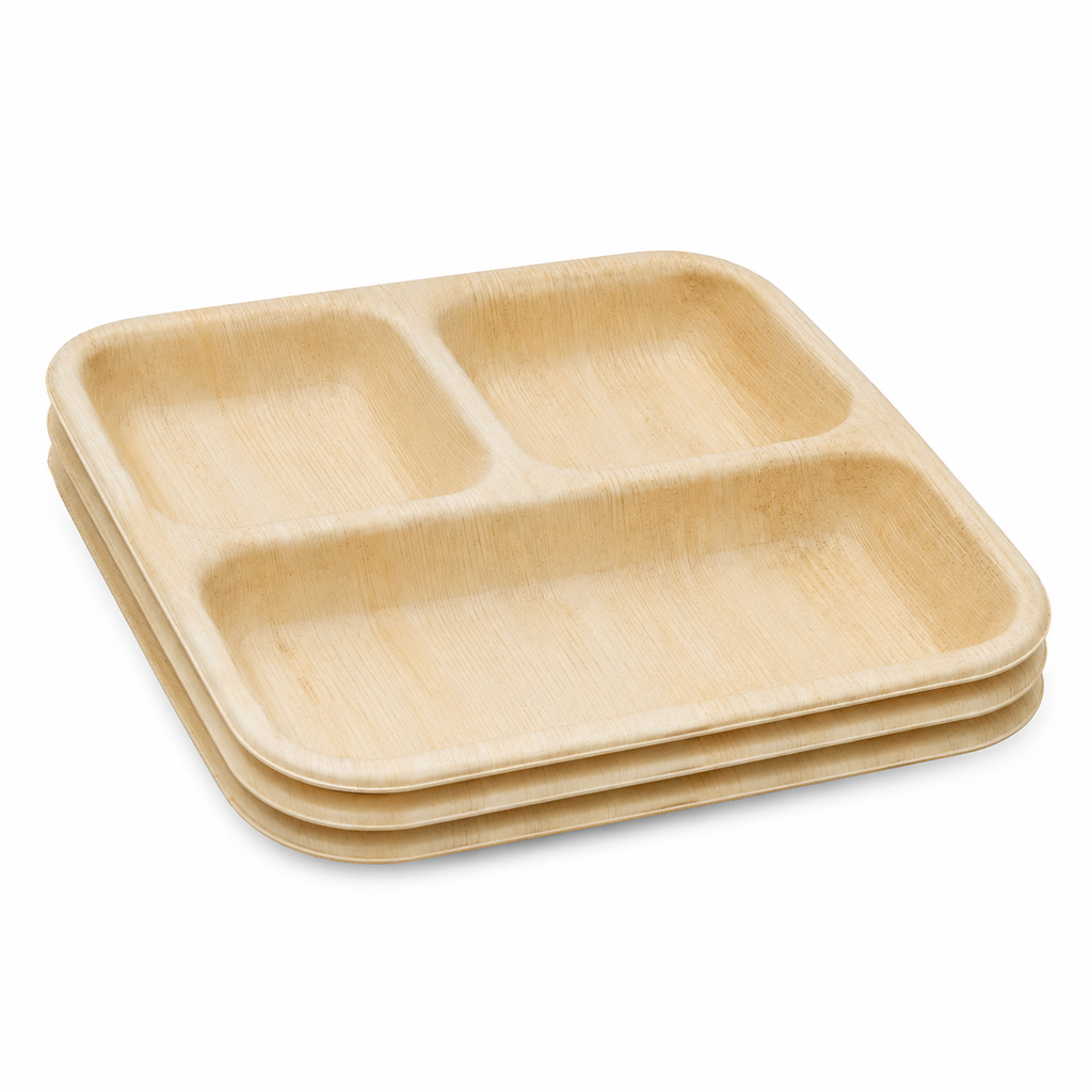 Square Areca Leaf Partition Plate - 09 Inches, 3 Compartments | Orika Naturals