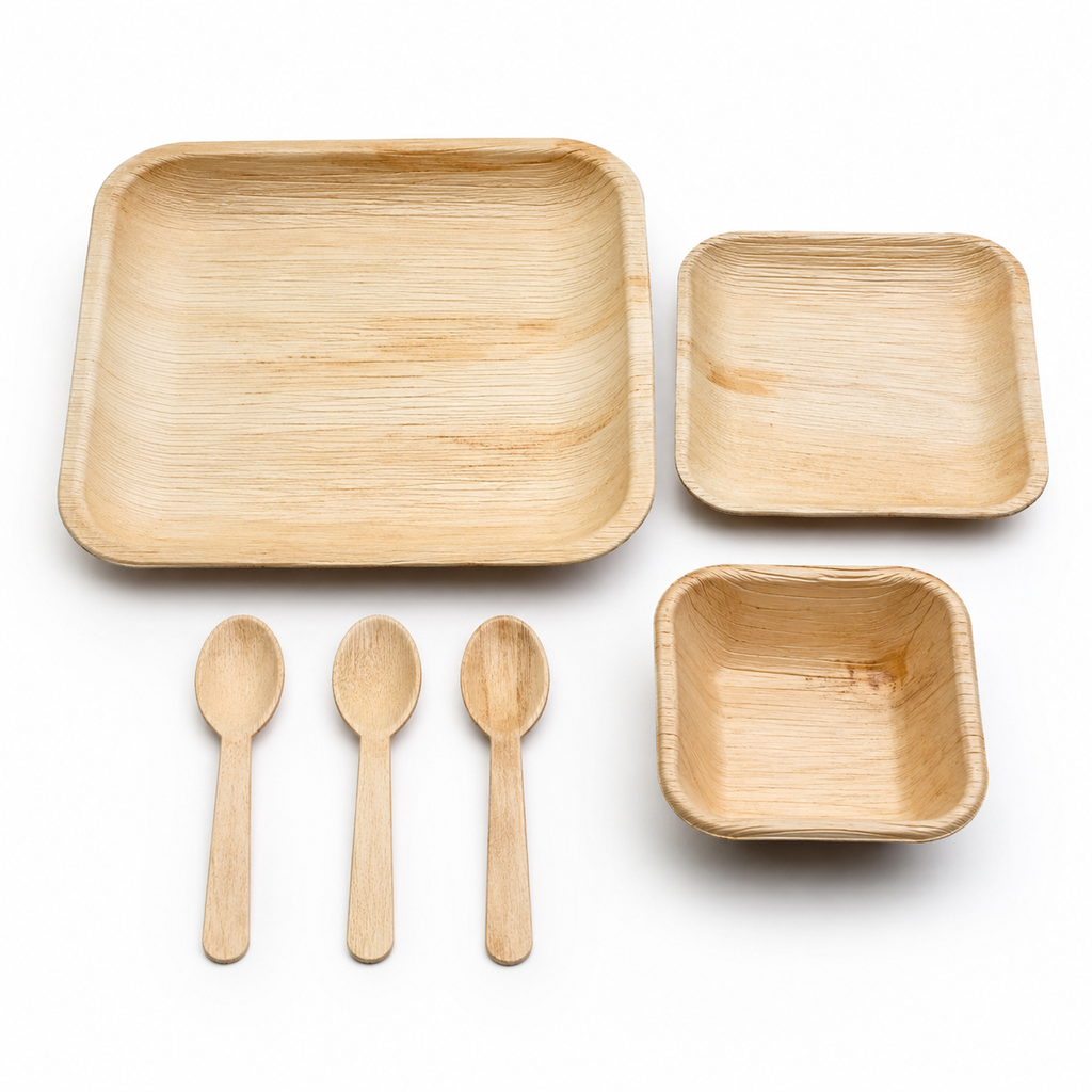 Areca Leaf Combo #01 - Set of 06 Pcs - Square Plate: 10 Inches, Square Plate: 06 Inches, Square Bowl: 04 Inches, Cutlery Spoons: 03 Pcs | Orika Naturals