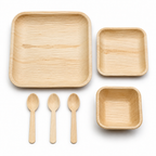 Areca Leaf Combo #01 - Set of 06 Pcs - Square Plate: 10 Inches, Square Plate: 06 Inches, Square Bowl: 04 Inches, Cutlery Spoons: 03 Pcs | Orika Naturals