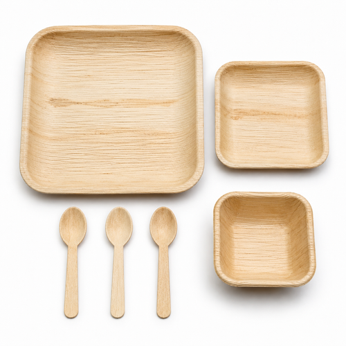 Areca Leaf Combo #01 - Set of 06 Pcs - Square Plate: 10 Inches, Square Plate: 06 Inches, Square Bowl: 04 Inches, Cutlery Spoons: 03 Pcs | Orika Naturals