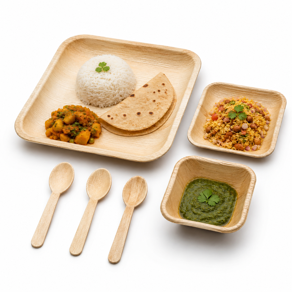Areca Leaf Combo #01 - Set of 06 Pcs - Square Plate: 10 Inches, Square Plate: 06 Inches, Square Bowl: 04 Inches, Cutlery Spoons: 03 Pcs | Orika Naturals