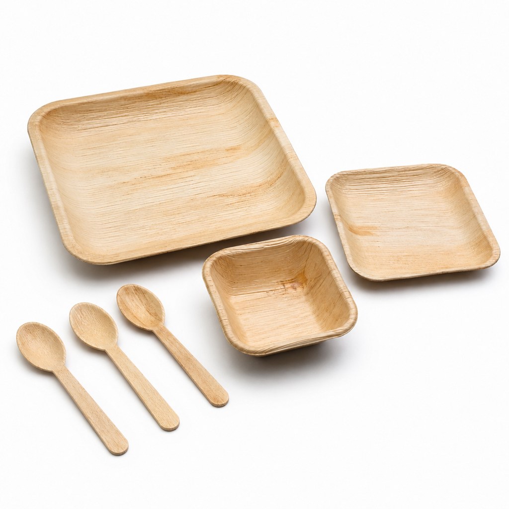 Areca Leaf Combo #01 - Set of 06 Pcs - Square Plate: 10 Inches, Square Plate: 06 Inches, Square Bowl: 04 Inches, Cutlery Spoons: 03 Pcs | Orika Naturals