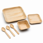 Areca Leaf Combo #01 - Set of 06 Pcs - Square Plate: 10 Inches, Square Plate: 06 Inches, Square Bowl: 04 Inches, Cutlery Spoons: 03 Pcs | Orika Naturals