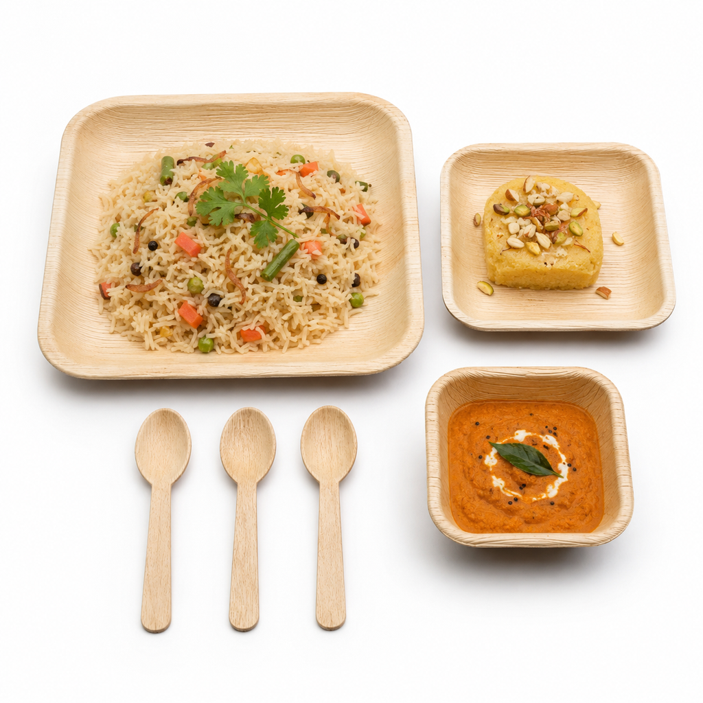Areca Leaf Combo #01 - Set of 06 Pcs - Square Plate: 10 Inches, Square Plate: 06 Inches, Square Bowl: 04 Inches, Cutlery Spoons: 03 Pcs | Orika Naturals