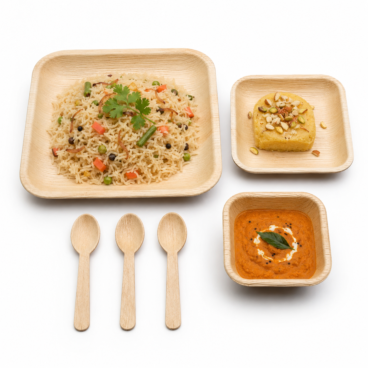 Areca Leaf Combo #01 - Set of 06 Pcs - Square Plate: 10 Inches, Square Plate: 06 Inches, Square Bowl: 04 Inches, Cutlery Spoons: 03 Pcs | Orika Naturals