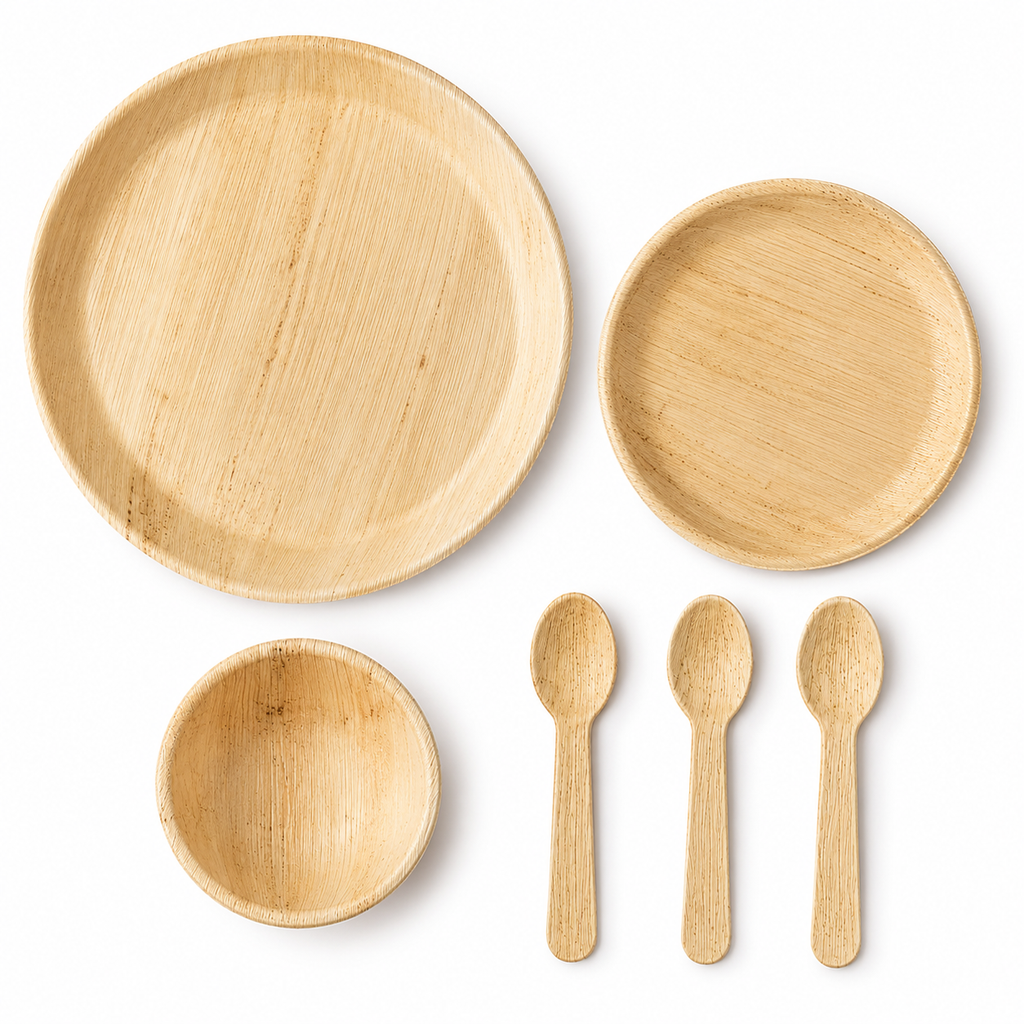 Areca Leaf Combo #02 - Set of 06 Pcs - Round Plate: 12 Inches, Round Plate: 08 Inches, Round Bowl: 04 Inches, Cutlery Spoons: 03 Pcs | Orika Naturals