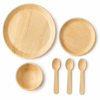 Areca Leaf Combo #02 - Set of 06 Pcs - Round Plate: 12 Inches, Round Plate: 08 Inches, Round Bowl: 04 Inches, Cutlery Spoons: 03 Pcs | Orika Naturals