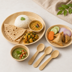 Areca Leaf Combo #02 - Set of 06 Pcs - Round Plate: 12 Inches, Round Plate: 08 Inches, Round Bowl: 04 Inches, Cutlery Spoons: 03 Pcs | Orika Naturals
