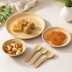 Areca Leaf Combo #02 - Set of 06 Pcs - Round Plate: 12 Inches, Round Plate: 08 Inches, Round Bowl: 04 Inches, Cutlery Spoons: 03 Pcs | Orika Naturals