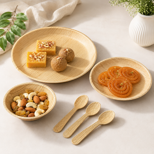 Areca Leaf Combo #02 - Set of 06 Pcs - Round Plate: 12 Inches, Round Plate: 08 Inches, Round Bowl: 04 Inches, Cutlery Spoons: 03 Pcs | Orika Naturals