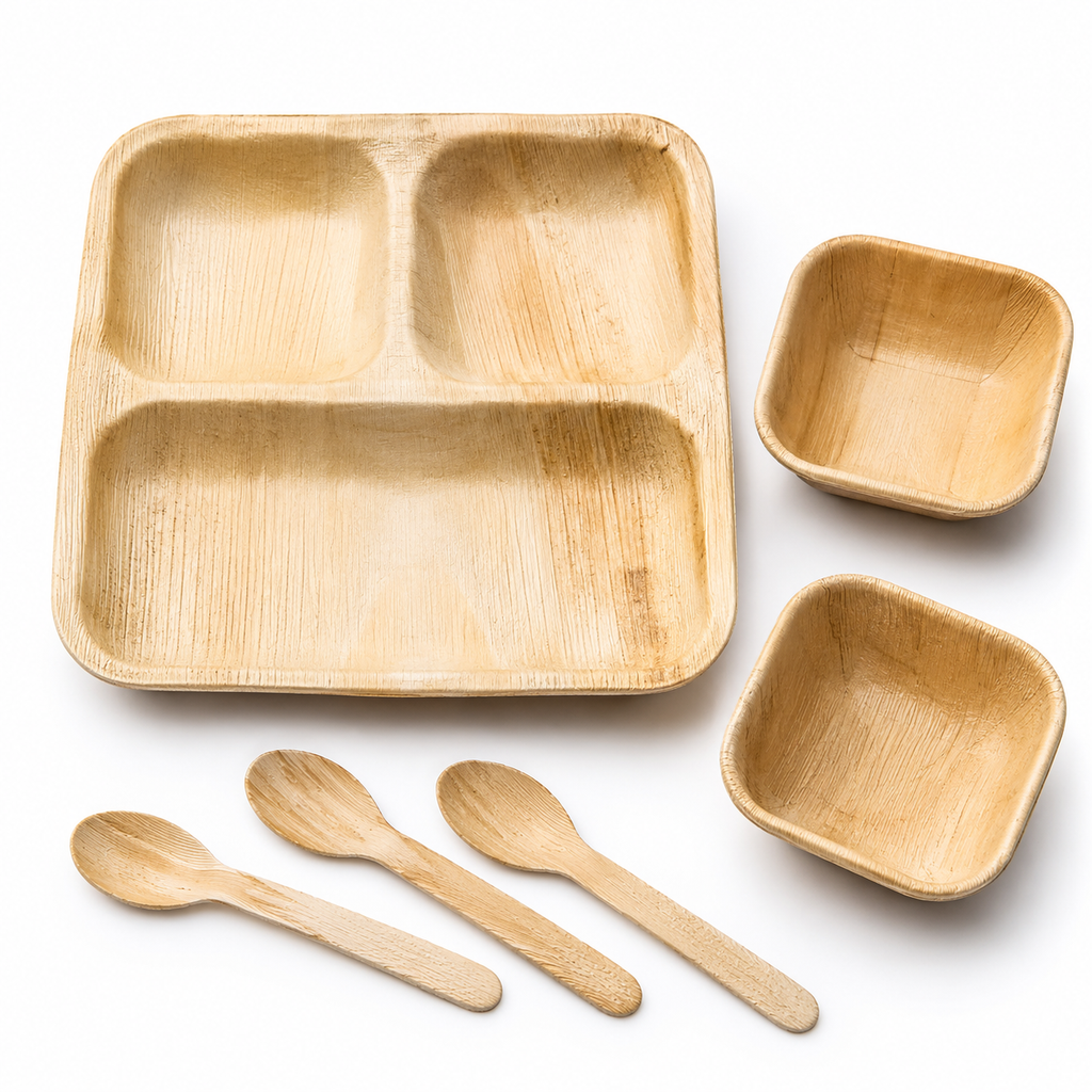 Areca Leaf Combo #03 - Set of 06 Pcs - Square Partition Plate: 10 Inches, 3 Compartments, Square Bowls: 04 Inches - 02 Pcs, Cutlery Spoons: 03 Pcs | Orika Naturals