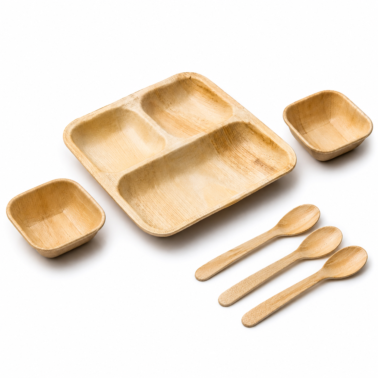 Areca Leaf Combo #03 - Set of 06 Pcs - Square Partition Plate: 10 Inches, 3 Compartments, Square Bowls: 04 Inches - 02 Pcs, Cutlery Spoons: 03 Pcs | Orika Naturals