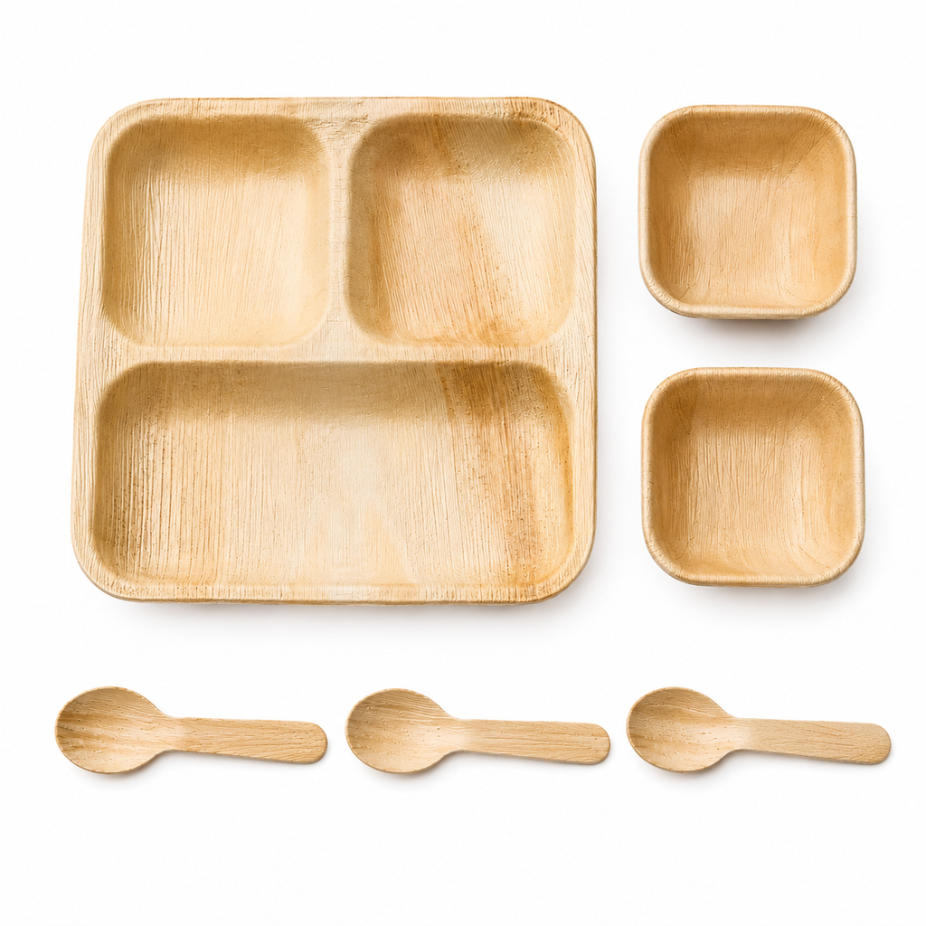 Areca Leaf Combo #03 - Set of 06 Pcs - Square Partition Plate: 10 Inches, 3 Compartments, Square Bowls: 04 Inches - 02 Pcs, Cutlery Spoons: 03 Pcs | Orika Naturals