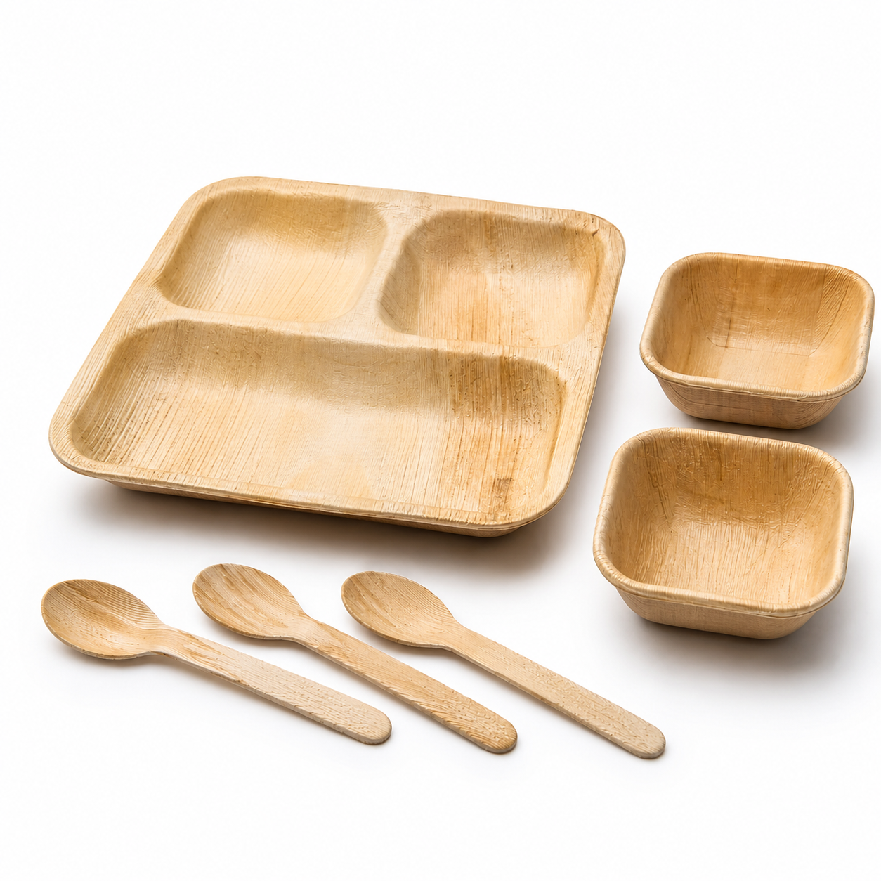 Areca Leaf Combo #03 - Set of 06 Pcs - Square Partition Plate: 10 Inches, 3 Compartments, Square Bowls: 04 Inches - 02 Pcs, Cutlery Spoons: 03 Pcs | Orika Naturals