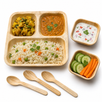 Areca Leaf Combo #03 - Set of 06 Pcs - Square Partition Plate: 10 Inches, 3 Compartments, Square Bowls: 04 Inches - 02 Pcs, Cutlery Spoons: 03 Pcs | Orika Naturals