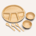 Areca Leaf Combo #04 - Set of 06 Pcs - Round Partition Plate: 12 Inches, 4 Compartments, Round Bowls: 04 Inches - 02 Pcs, Cutlery Spoons: 03 Pcs | Orika Naturals