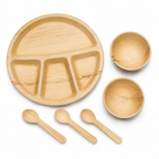 Areca Leaf Combo #04 - Set of 06 Pcs - Round Partition Plate: 12 Inches, 4 Compartments, Round Bowls: 04 Inches - 02 Pcs, Cutlery Spoons: 03 Pcs | Orika Naturals