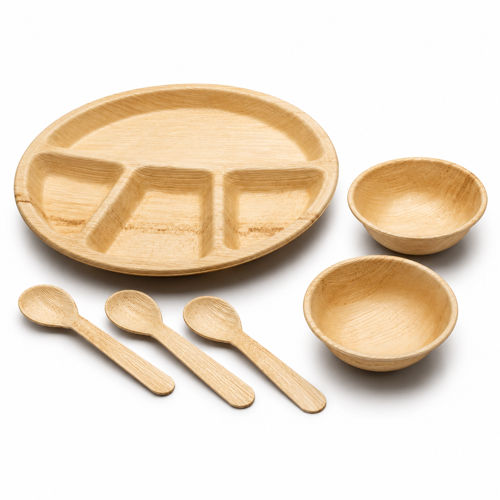 Areca Leaf Combo #04 - Set of 06 Pcs - Round Partition Plate: 12 Inches, 4 Compartments, Round Bowls: 04 Inches - 02 Pcs, Cutlery Spoons: 03 Pcs | Orika Naturals