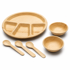 Areca Leaf Combo #04 - Set of 06 Pcs - Round Partition Plate: 12 Inches, 4 Compartments, Round Bowls: 04 Inches - 02 Pcs, Cutlery Spoons: 03 Pcs | Orika Naturals