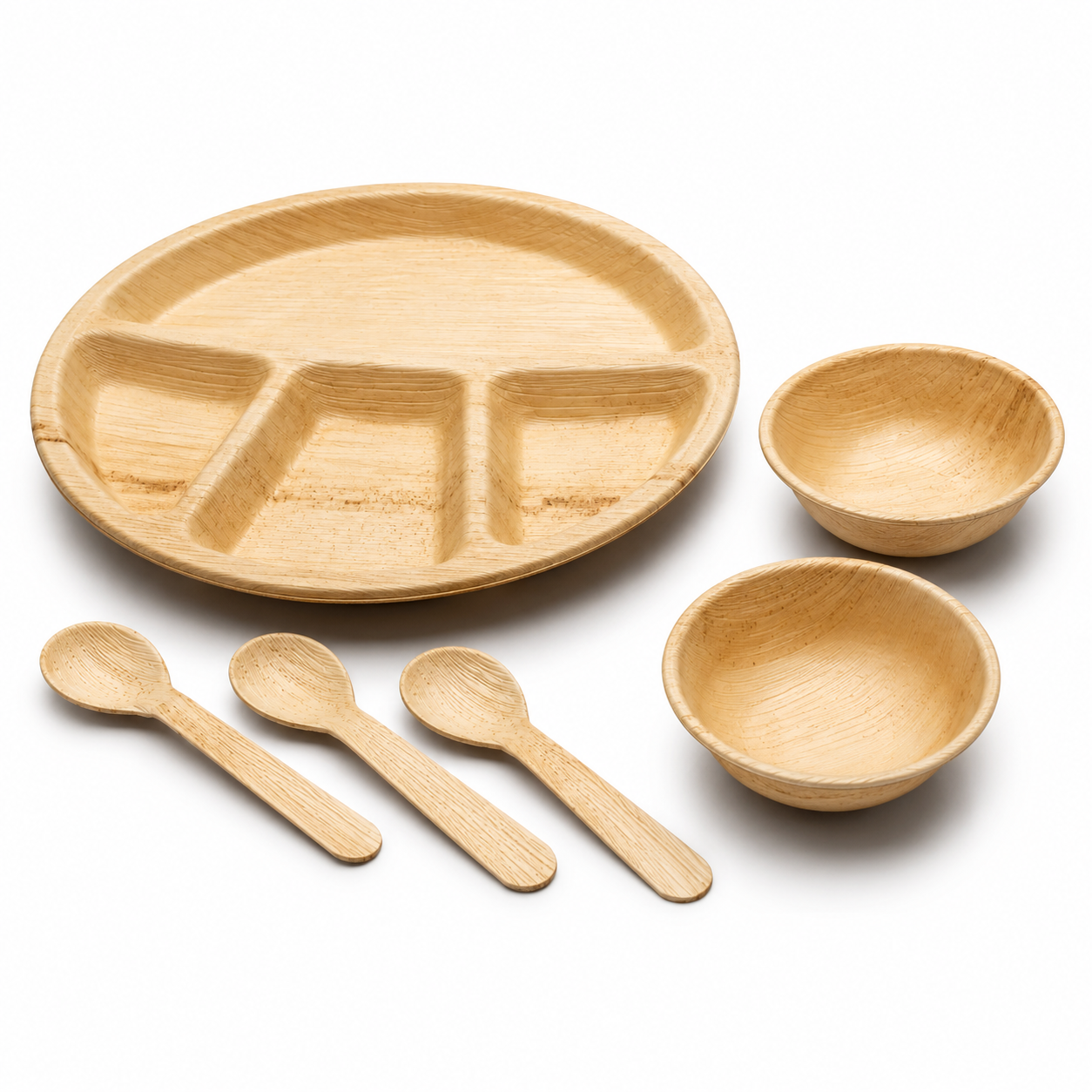 Areca Leaf Combo #04 - Set of 06 Pcs - Round Partition Plate: 12 Inches, 4 Compartments, Round Bowls: 04 Inches - 02 Pcs, Cutlery Spoons: 03 Pcs | Orika Naturals