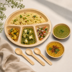 Areca Leaf Combo #04 - Set of 06 Pcs - Round Partition Plate: 12 Inches, 4 Compartments, Round Bowls: 04 Inches - 02 Pcs, Cutlery Spoons: 03 Pcs | Orika Naturals
