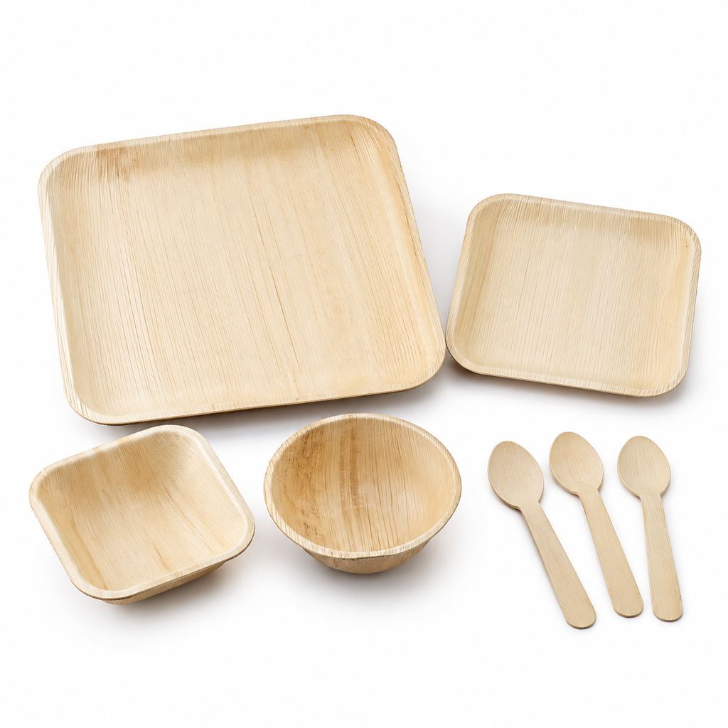 Dinnerware Combo #05 - 07 Pcs | Mixed Premium Serving Combo with Plates, Bowls & 3  Spoons | Natural Disposable Dinnerware for Parties, Catering & Sustainable Dining | Orika Naturals