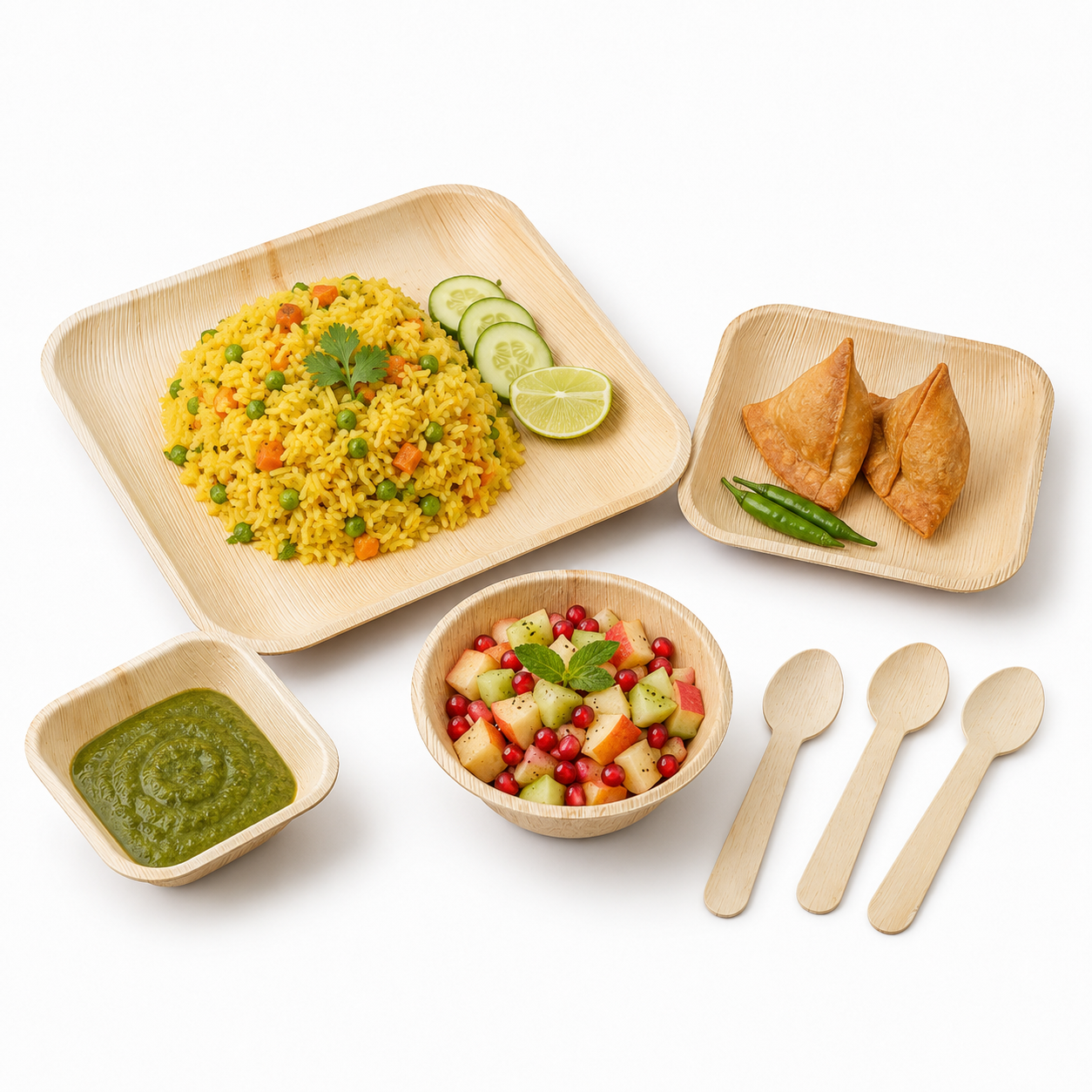 Dinnerware Combo #05 - 07 Pcs | Mixed Premium Serving Combo with Plates, Bowls & 3  Spoons | Natural Disposable Dinnerware for Parties, Catering & Sustainable Dining | Orika Naturals