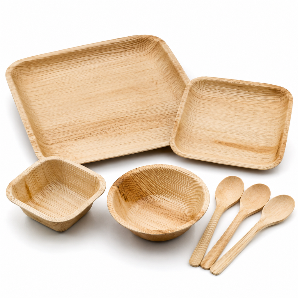 Areca Leaf Combo #06 - Set of 07 Pcs - Square Plate: 07 Inches, Square Plate: 4.5 Inches, Square Bowl: 03 Inches, Round Bowl: 05 Inches, Cutlery Spoons: 03 Pcs | Orika Naturals