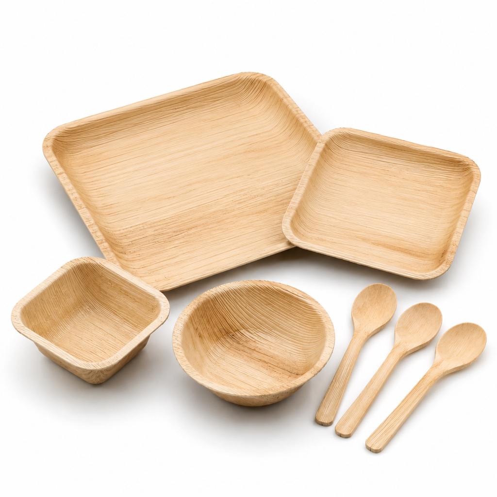 Areca Leaf Combo #06 - Set of 07 Pcs - Square Plate: 07 Inches, Square Plate: 4.5 Inches, Square Bowl: 03 Inches, Round Bowl: 05 Inches, Cutlery Spoons: 03 Pcs | Orika Naturals