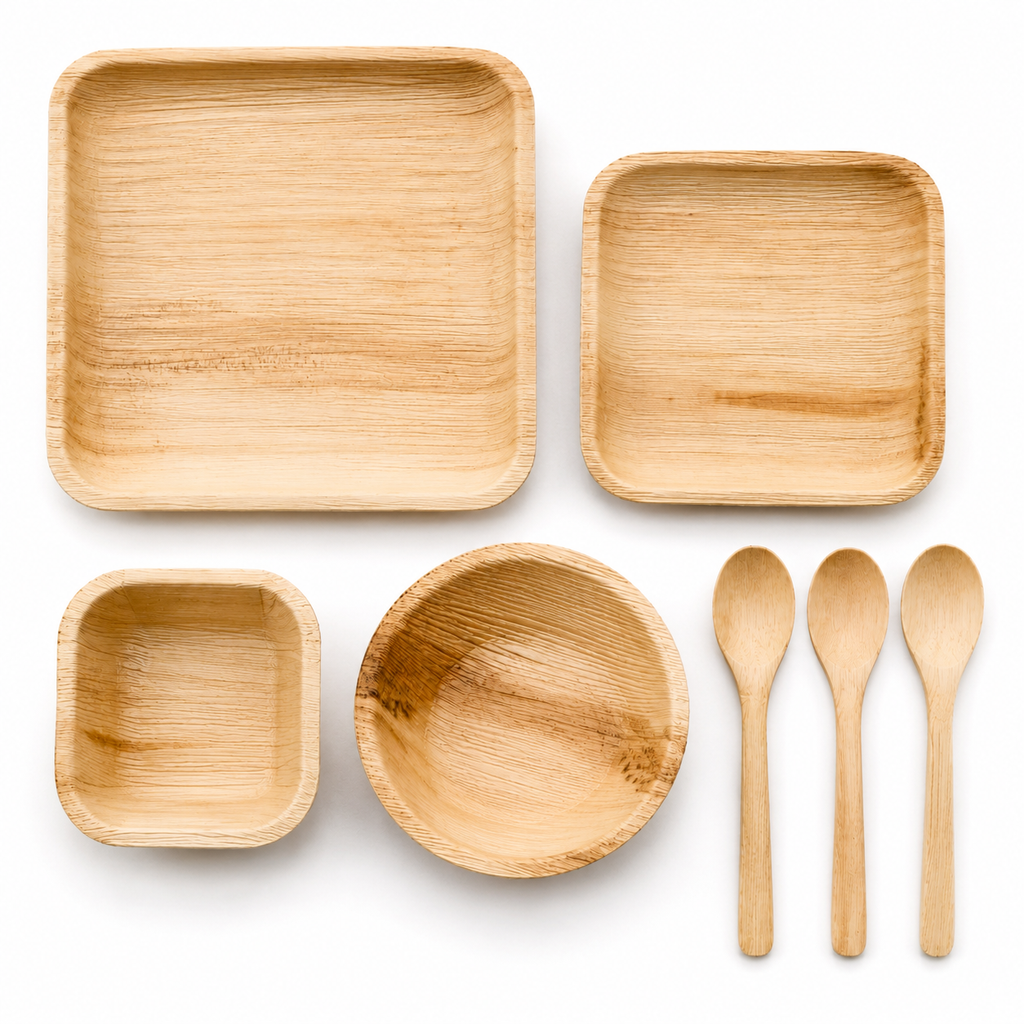 Areca Leaf Combo #06 - Set of 07 Pcs - Square Plate: 07 Inches, Square Plate: 4.5 Inches, Square Bowl: 03 Inches, Round Bowl: 05 Inches, Cutlery Spoons: 03 Pcs | Orika Naturals