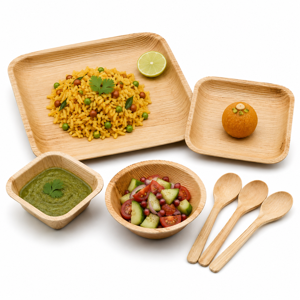 Areca Leaf Combo #06 - Set of 07 Pcs - Square Plate: 07 Inches, Square Plate: 4.5 Inches, Square Bowl: 03 Inches, Round Bowl: 05 Inches, Cutlery Spoons: 03 Pcs | Orika Naturals