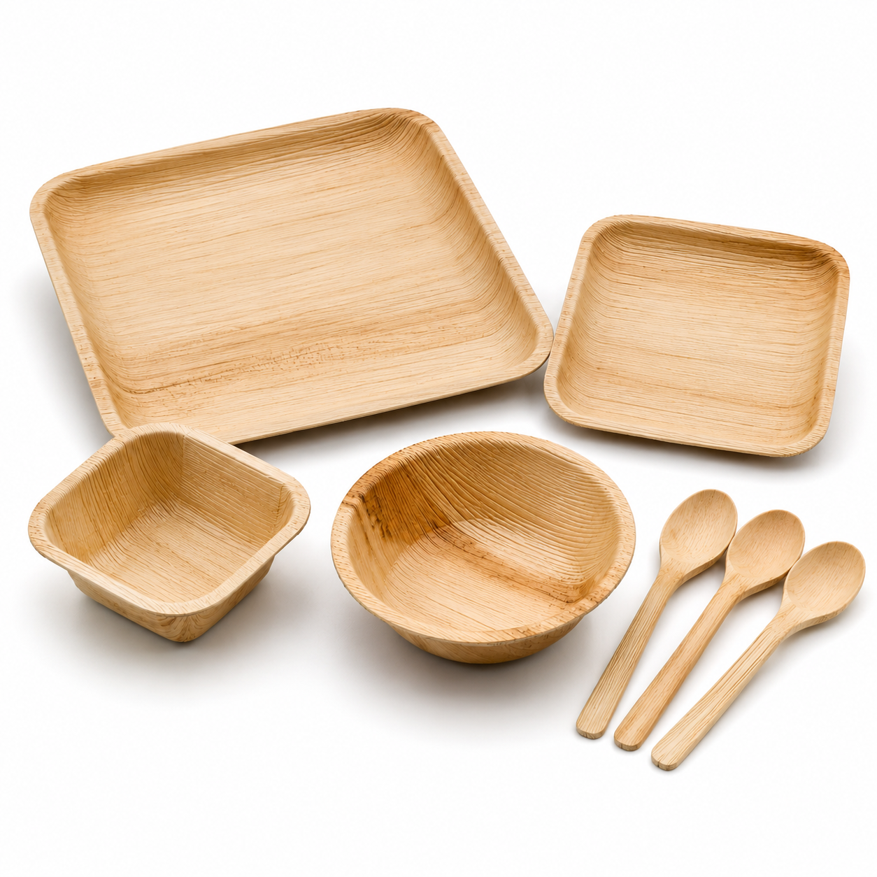 Areca Leaf Combo #06 - Set of 07 Pcs - Square Plate: 07 Inches, Square Plate: 4.5 Inches, Square Bowl: 03 Inches, Round Bowl: 05 Inches, Cutlery Spoons: 03 Pcs | Orika Naturals