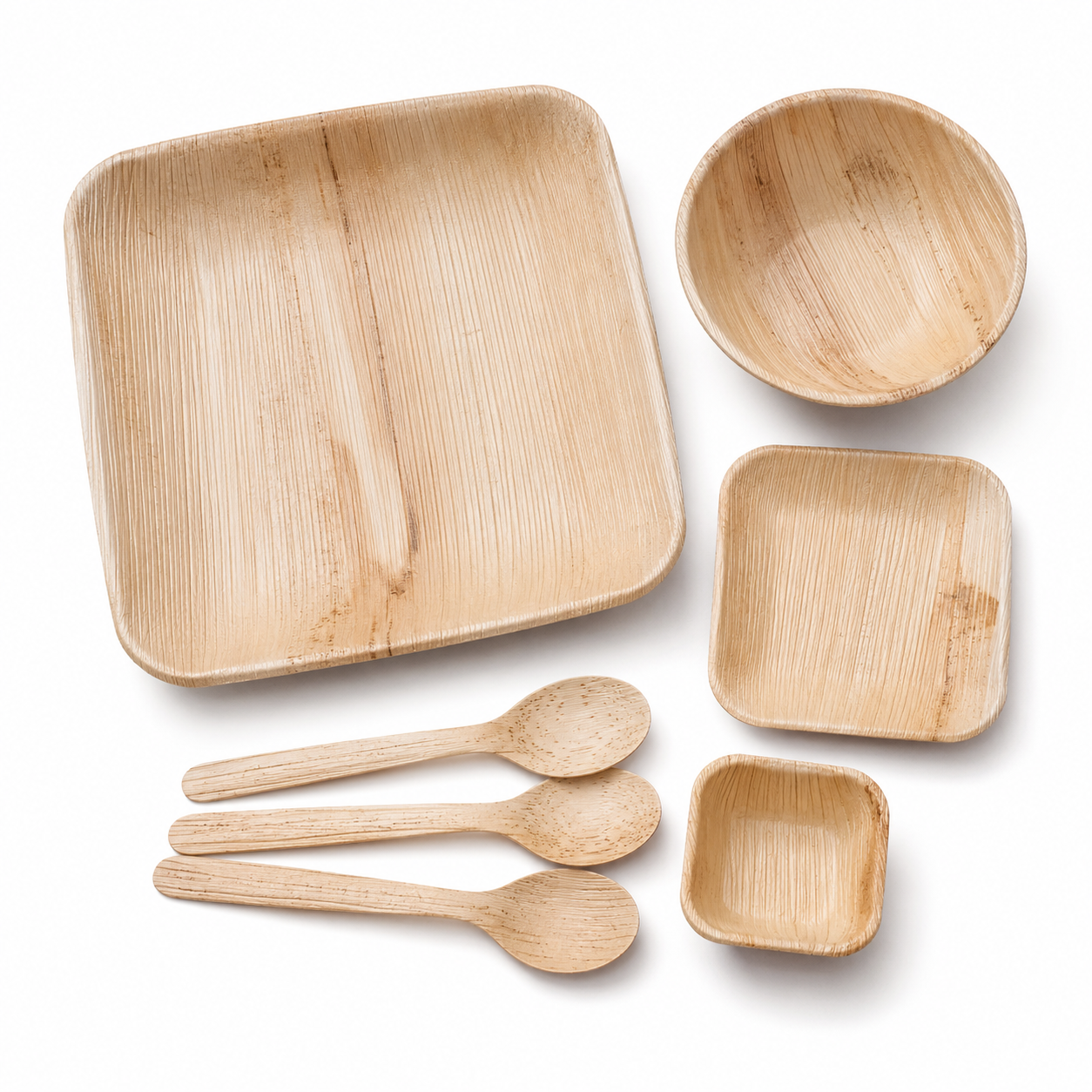 Areca Leaf Combo #07 - Set of 07 Pcs - Square Plate: 07 Inches, Square Plate: 4.5 Inches, Square Bowl: 2.5 Inches, Round Bowl: 06 Inches, Cutlery Spoons: 03 Pcs | Orika Naturals