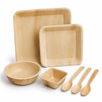 Areca Leaf Combo #07 - Set of 07 Pcs - Square Plate: 07 Inches, Square Plate: 4.5 Inches, Square Bowl: 2.5 Inches, Round Bowl: 06 Inches, Cutlery Spoons: 03 Pcs | Orika Naturals