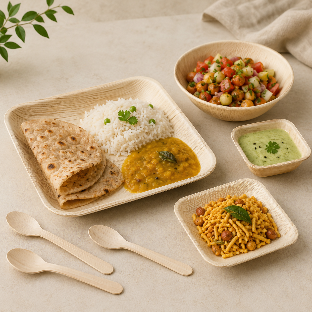 Areca Leaf Combo #07 - Set of 07 Pcs - Square Plate: 07 Inches, Square Plate: 4.5 Inches, Square Bowl: 2.5 Inches, Round Bowl: 06 Inches, Cutlery Spoons: 03 Pcs | Orika Naturals