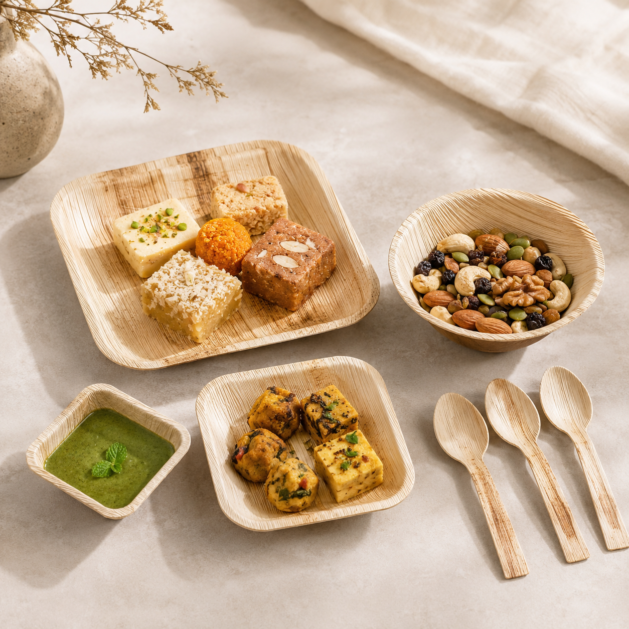 Areca Leaf Combo #07 - Set of 07 Pcs - Square Plate: 07 Inches, Square Plate: 4.5 Inches, Square Bowl: 2.5 Inches, Round Bowl: 06 Inches, Cutlery Spoons: 03 Pcs | Orika Naturals