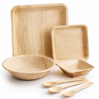 Areca Leaf Combo #07 - Set of 07 Pcs - Square Plate: 07 Inches, Square Plate: 4.5 Inches, Square Bowl: 2.5 Inches, Round Bowl: 06 Inches, Cutlery Spoons: 03 Pcs | Orika Naturals