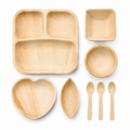 Areca Leaf Combo #08 - Set of 08 Pcs - Square Partition Plate: 09 Inches, 3 Compartments, Square Bowl: 4.5 X 4 Inches, Round Bowl: 4.5 Inches, Heart-Shaped Plate: 6.5 Inches, Boat-Shaped Plate: 2.5 X 4.5 Inches, Cutlery Spoons: 03 Pcs | Orika Naturals