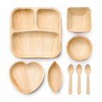 Areca Leaf Combo #08 - Set of 08 Pcs - Square Partition Plate: 09 Inches, 3 Compartments, Square Bowl: 4.5 X 4 Inches, Round Bowl: 4.5 Inches, Heart-Shaped Plate: 6.5 Inches, Boat-Shaped Plate: 2.5 X 4.5 Inches, Cutlery Spoons: 03 Pcs | Orika Naturals