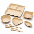Areca Leaf Combo #08 - Set of 08 Pcs - Square Partition Plate: 09 Inches, 3 Compartments, Square Bowl: 4.5 X 4 Inches, Round Bowl: 4.5 Inches, Heart-Shaped Plate: 6.5 Inches, Boat-Shaped Plate: 2.5 X 4.5 Inches, Cutlery Spoons: 03 Pcs | Orika Naturals