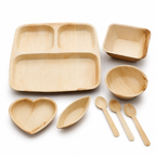 Areca Leaf Combo #08 - Set of 08 Pcs - Square Partition Plate: 09 Inches, 3 Compartments, Square Bowl: 4.5 X 4 Inches, Round Bowl: 4.5 Inches, Heart-Shaped Plate: 6.5 Inches, Boat-Shaped Plate: 2.5 X 4.5 Inches, Cutlery Spoons: 03 Pcs | Orika Naturals